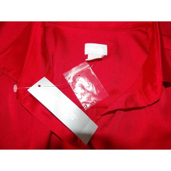 Chicos 0 Sz 4 Satin Blouse Red Solid Smocked Cuff Blouse Wild Poppy Button Up - Picture 6 of 14